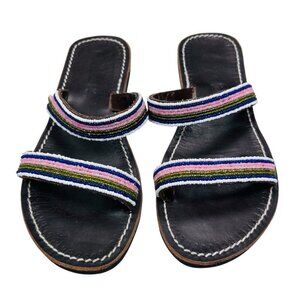 Handmade Beaded Brown Leather Sandal 38 Size 8 Women Boho Coastal